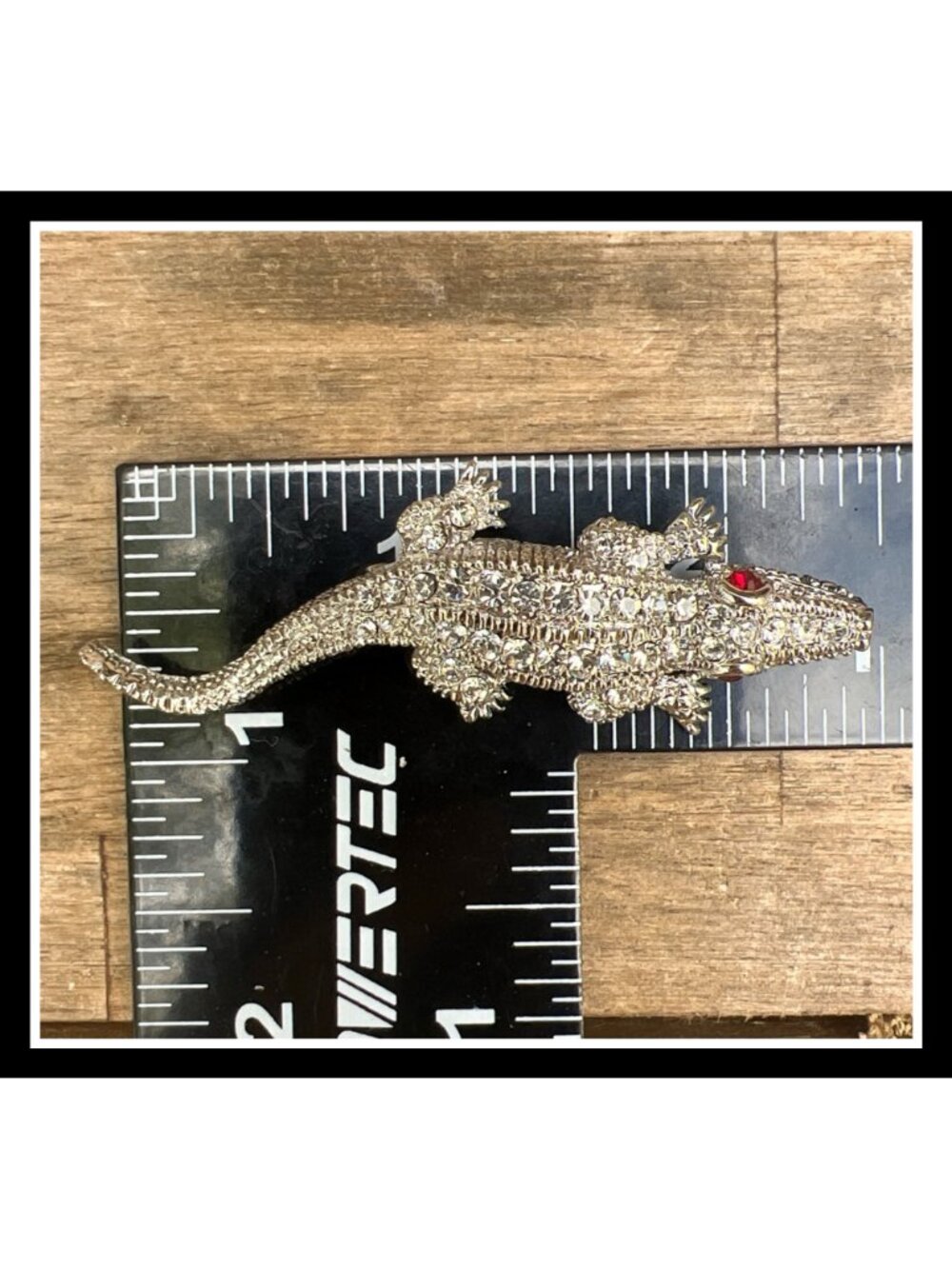 Rhinestone Vintage Alligator Brooch Pin With Red Eyes - Sparkling Silver-Tone - Picture 5 of 8